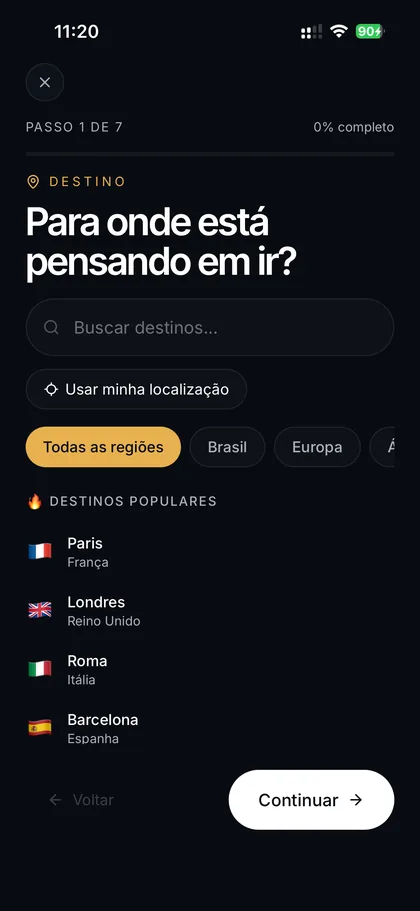Primeiro passo do app: escolher o destino da viagem