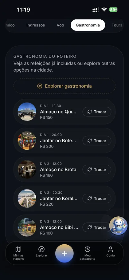 Restaurantes do roteiro com botão Trocar