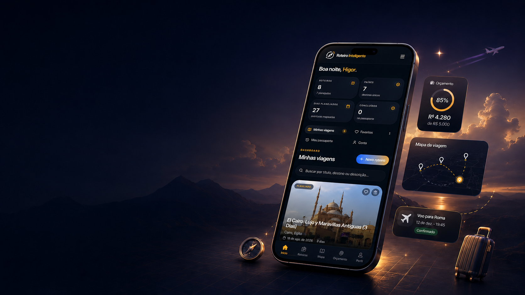 Prévia do app Roteiro Inteligente mostrando o painel de viagens, orçamento e mapa da rota